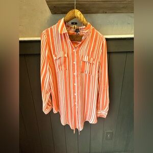 Jones New York Signature Coral White Stripe Silky Smooth Button Down Top size XL